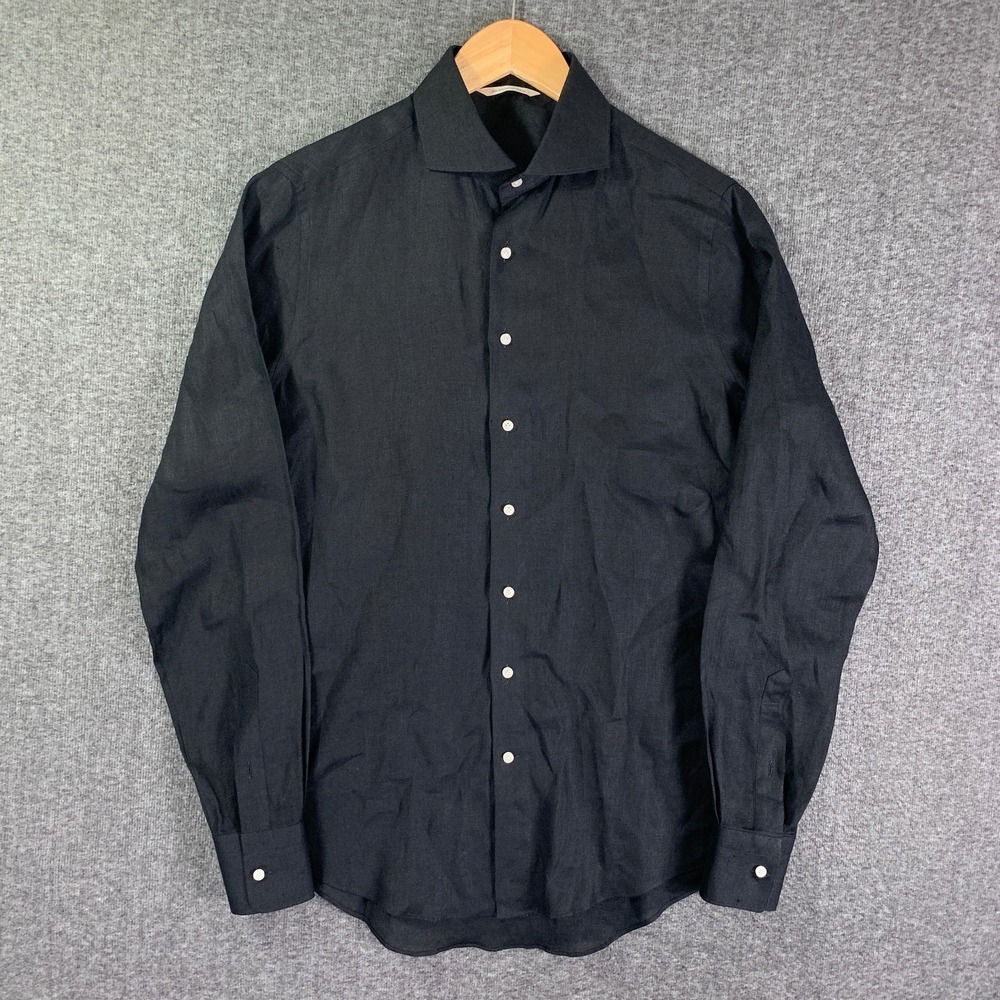 Suitsupply Linen Shirt Men Large Slim Black Legguino Spread Collar Old Money